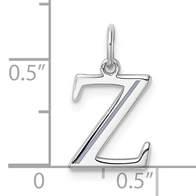 Sterling silver letter Z charm with a polished finish and small loop at top, shown against a measurement scale indicating approximately 0.5 inches in height.