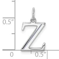 Sterling silver letter Z charm with a polished finish and small loop at top, shown against a measurement scale indicating approximately 0.5 inches in height.