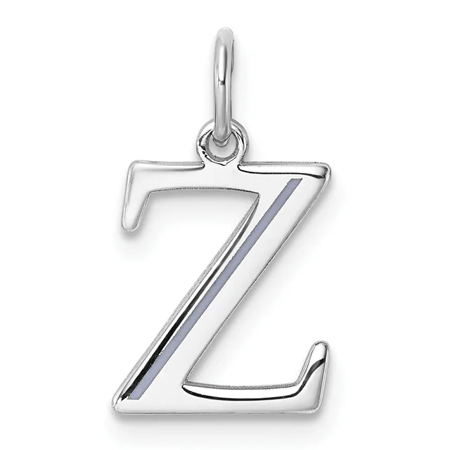 Silver letter Z pendant with a polished finish and small loop at the top for attaching to a chain or necklace.