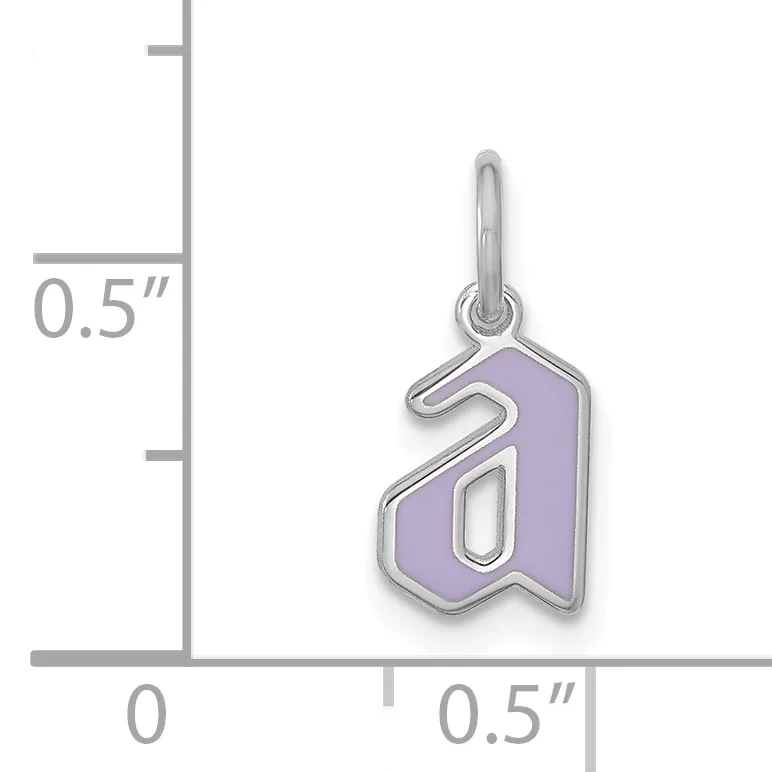 Silver charm pendant with lavender enamel in the shape of the letter "a" with a small loop at the top, shown next to a measurement scale indicating approximately 0.5 inches in height.
