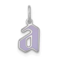 Silver charm pendant with a lowercase letter "a" in lavender enamel, suspended from a silver loop bail.