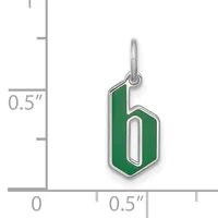 A green enameled pendant shaped like the number 6 with a silver-tone metal frame and loop, shown at actual size against a measurement scale.