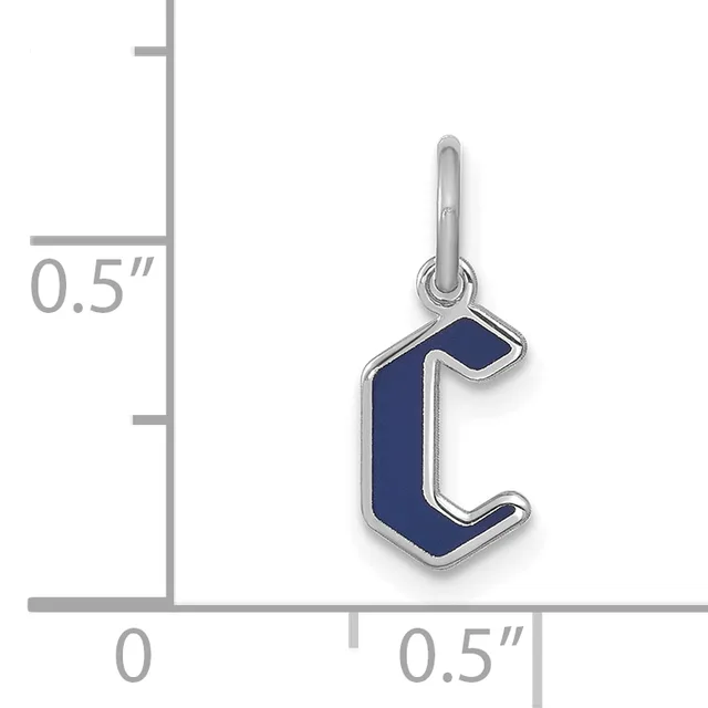 Silver pendant with dark blue enamel lowercase letter "c" shown next to a ruler indicating approximately 0.5 inches in height and width.
