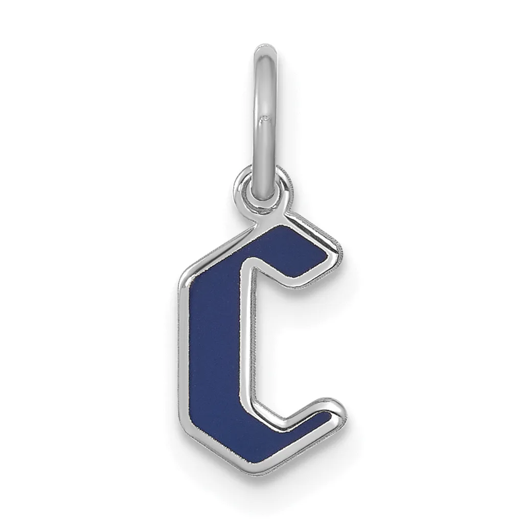 Silver pendant charm with a dark blue enamel letter "C" outlined in silver metal, suspended from a small loop at the top.