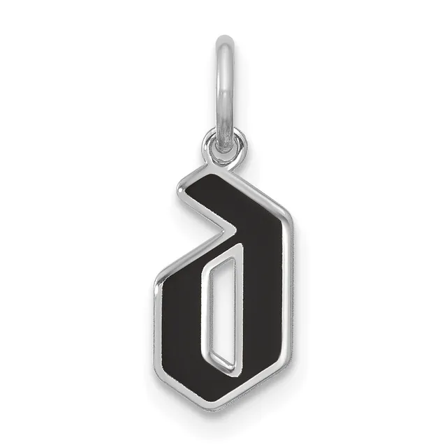 Silver pendant charm featuring the number zero with black enamel fill and a hollow rectangular cutout in the center, suspended from a polished bail.