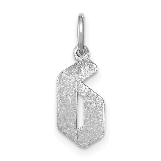 Silver pendant shaped like the number 6 with a textured finish and a polished bail loop at the top.