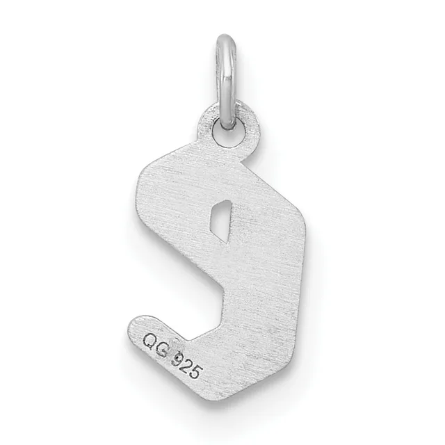 Silver pendant shaped like the letter S with a small heart cutout, attached to a bail loop, displayed against a white background.