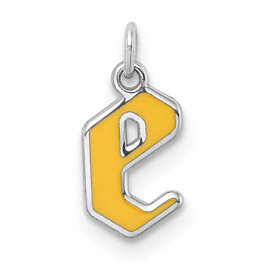 A silver pendant charm with a yellow enamel letter "P" outlined in silver metal, suspended from a silver loop bail.