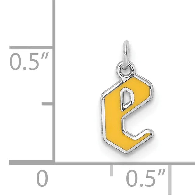 Yellow enamel pendant shaped like the letter E with silver-colored metal outline and loop, shown next to a ruler indicating approximately 0.5 inches in size.