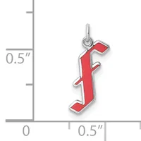 Red enamel letter J charm with silver-tone border and loop, shown next to a ruler indicating approximately 0.5 inches in height.