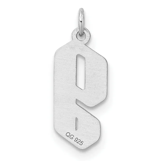 A silver pendant shaped like the letter S with cutout details and a small stamped hallmark on the lower portion, suspended from a loop at the top.