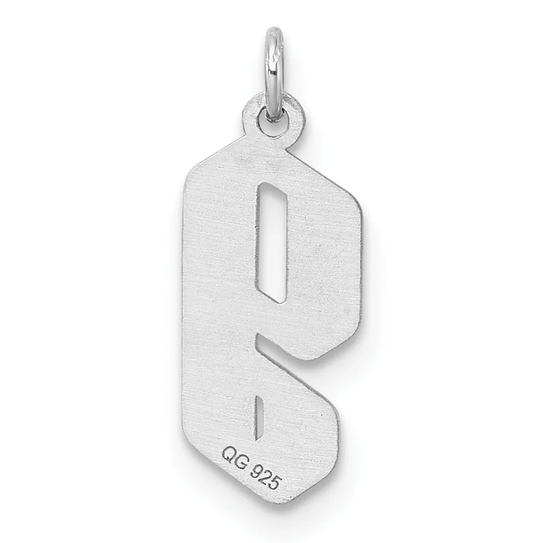A silver pendant shaped like the letter S with cutout details and a small stamped hallmark on the lower portion, suspended from a loop at the top.