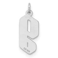 A silver pendant shaped like the letter S with cutout details and a small stamped hallmark on the lower portion, suspended from a loop at the top.