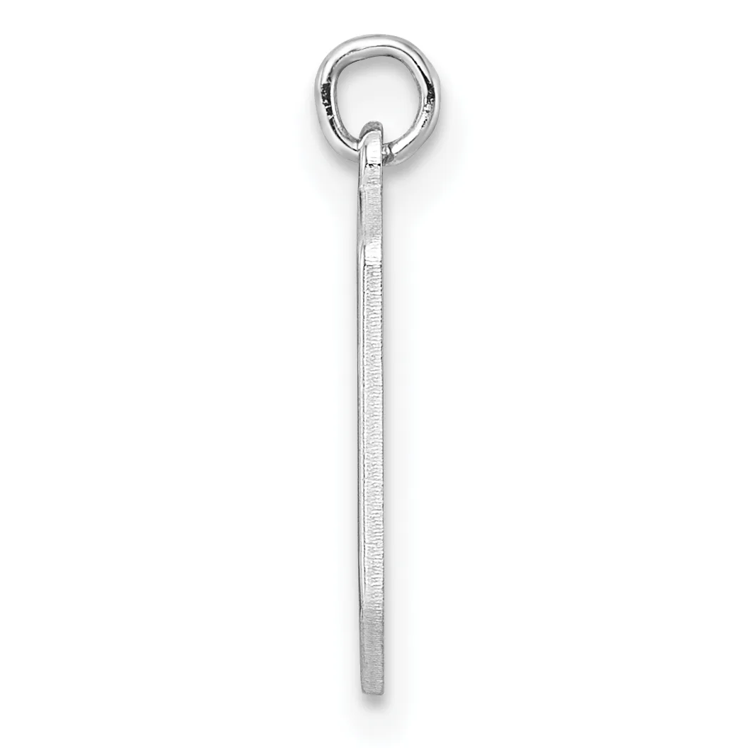 A long rectangular silver pendant with a textured surface hanging from a small silver ring against a white background.