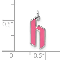 A pink enamel charm in the shape of the number six with a silver-tone metal outline, shown next to a ruler indicating its size is approximately half an inch wide and tall.