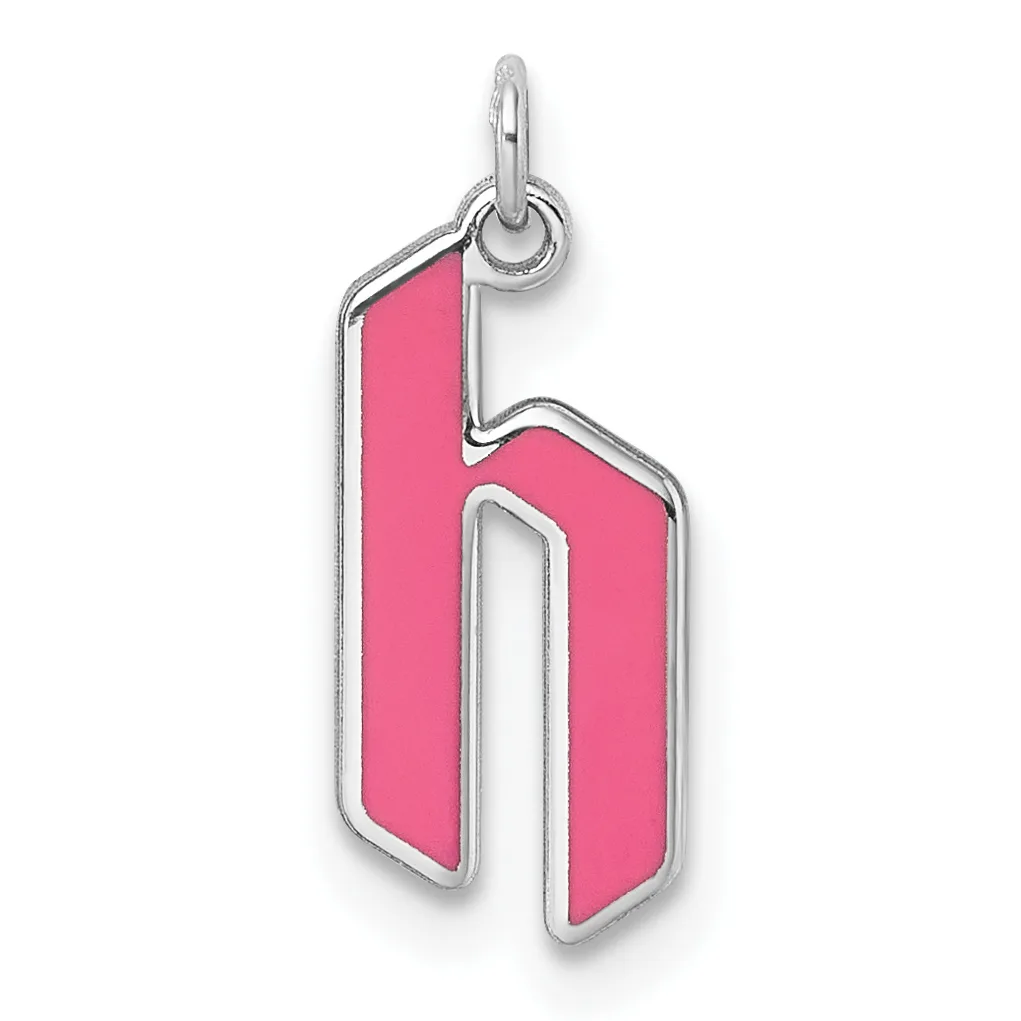 A silver pendant charm shaped like the number six with bright pink enamel fill and a small loop at the top for attaching to a chain.