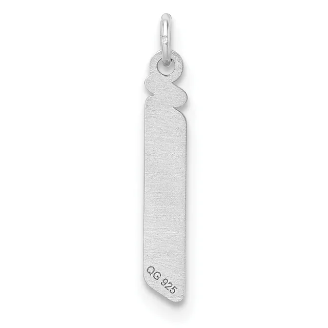 A long rectangular silver pendant with a brushed finish and a small stamped hallmark near the bottom, suspended from a loop at the top.