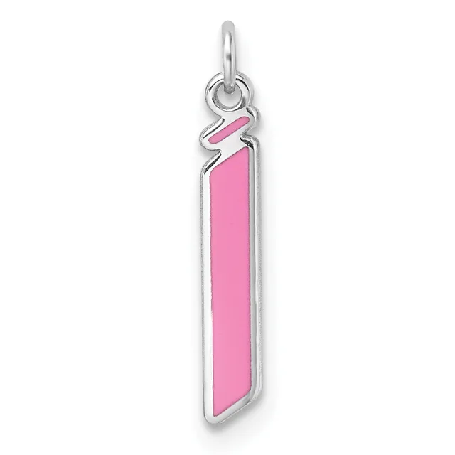 A silver charm pendant with a pink enamel fill in an elongated rectangular shape with a curved hook attachment at the top.