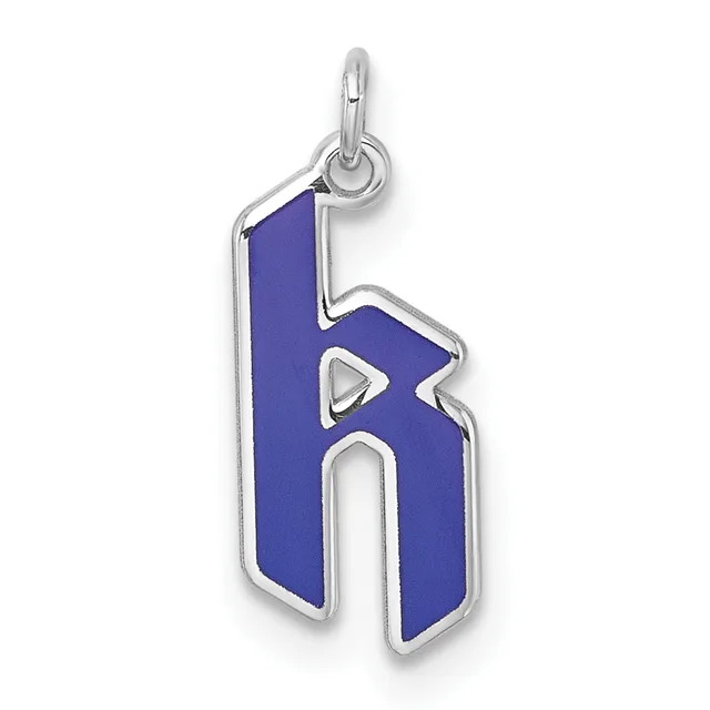 Silver pendant with blue enamel in the shape of the number six, featuring a small loop at the top for hanging.