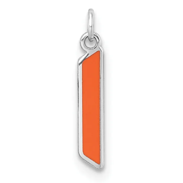 A vertical rectangular pendant with an orange enamel center panel framed in silver metal, suspended from a silver loop bail.