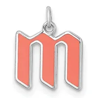 Silver pendant charm with a coral red enamel surface in the shape of the letter M, outlined in polished silver with a loop bail at the top.