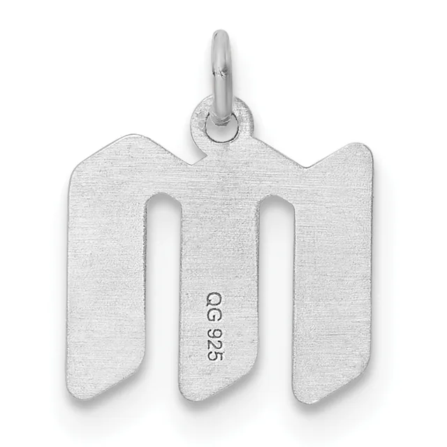 Sterling silver pendant shaped like the letter M with two vertical slots, featuring a small stamped hallmark and an attached bail loop.