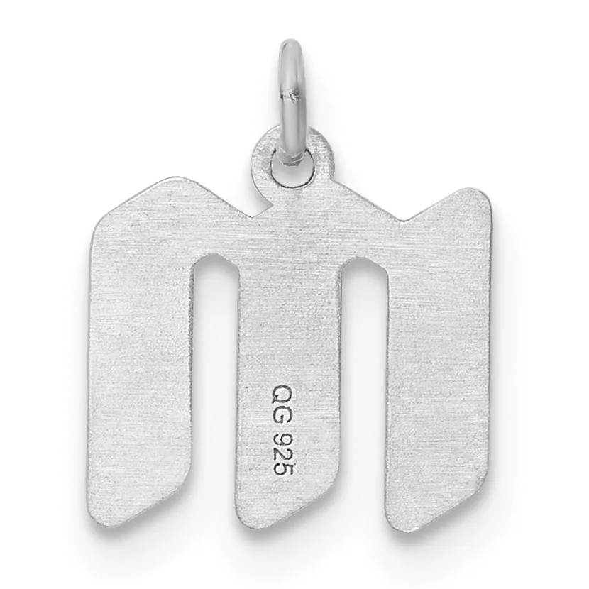 Sterling silver pendant shaped like the letter M with two vertical slots, featuring a small stamped hallmark and an attached bail loop.