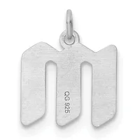 Sterling silver pendant shaped like the letter M with two vertical slots, featuring a small stamped hallmark and an attached bail loop.