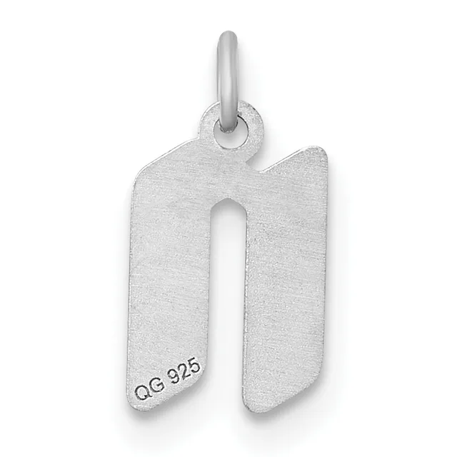 A sterling silver pendant shaped like the letter "n" with a rounded loop at the top for hanging, featuring a brushed matte finish and a small stamped hallmark on the lower left side.