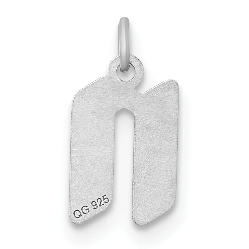 A sterling silver pendant shaped like the letter "n" with a rounded loop at the top for hanging, featuring a brushed matte finish and a small stamped hallmark on the lower left side.