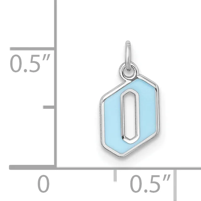 A light blue hexagonal pendant with a silver-toned metal frame and oval cutout in the center, shown next to a measurement scale indicating approximately 0.5 inches in height and width.