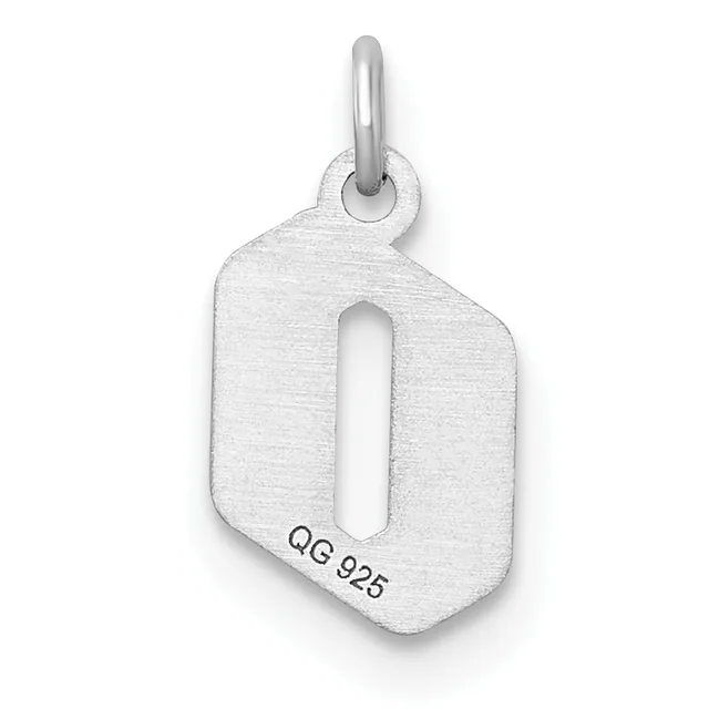 A sterling silver rectangular pendant with rounded corners and a vertical rectangular cutout, suspended from a bail loop, displaying a small stamped hallmark on the lower edge.