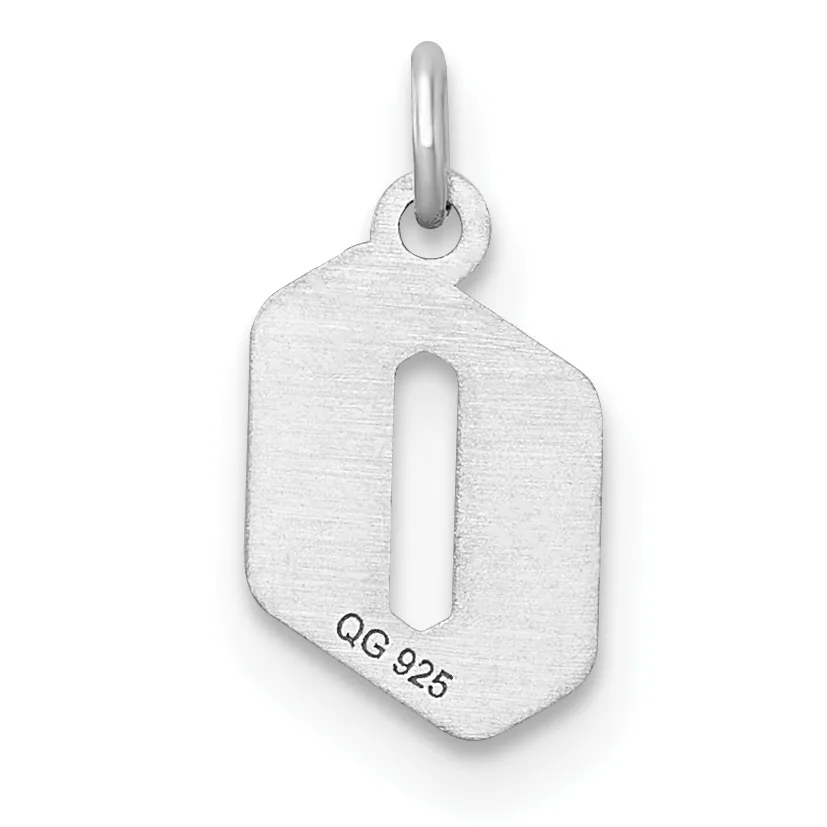 A sterling silver rectangular pendant with rounded corners and a vertical rectangular cutout, suspended from a bail loop, displaying a small stamped hallmark on the lower edge.