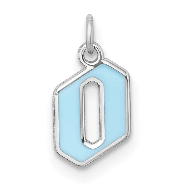 Silver pendant with light blue enamel hexagonal face featuring a centered oval cutout, suspended from a silver bail.