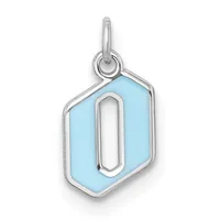 Silver pendant with light blue enamel hexagonal face featuring a centered oval cutout, suspended from a silver bail.
