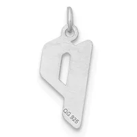 Silver number nine charm with a cutout middle section and a small stamped hallmark on the lower edge, suspended from a loop bail.