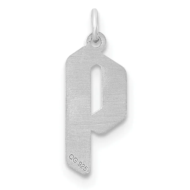 Silver letter P pendant with a rectangular bail loop at the top and a small stamped hallmark on the lower portion.