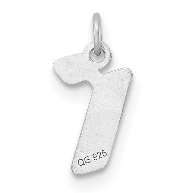 A silver number 7 charm with a small stamped hallmark on the lower portion and an attached jump ring at the top.