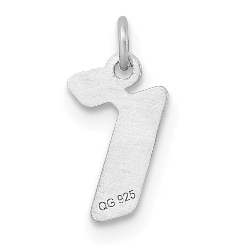 A silver number 7 charm with a small stamped hallmark on the lower portion and an attached jump ring at the top.