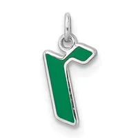 Silver charm pendant with green enamel in the shape of the letter R, with a small loop at the top for attaching to a chain.