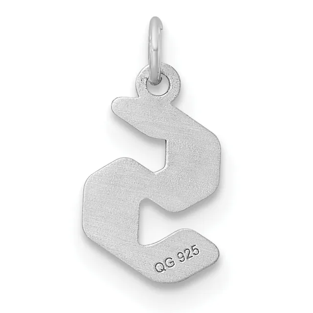 Silver charm in the shape of the letter S with a small stamped hallmark on the lower portion and a loop at the top for attaching to a bracelet or chain.