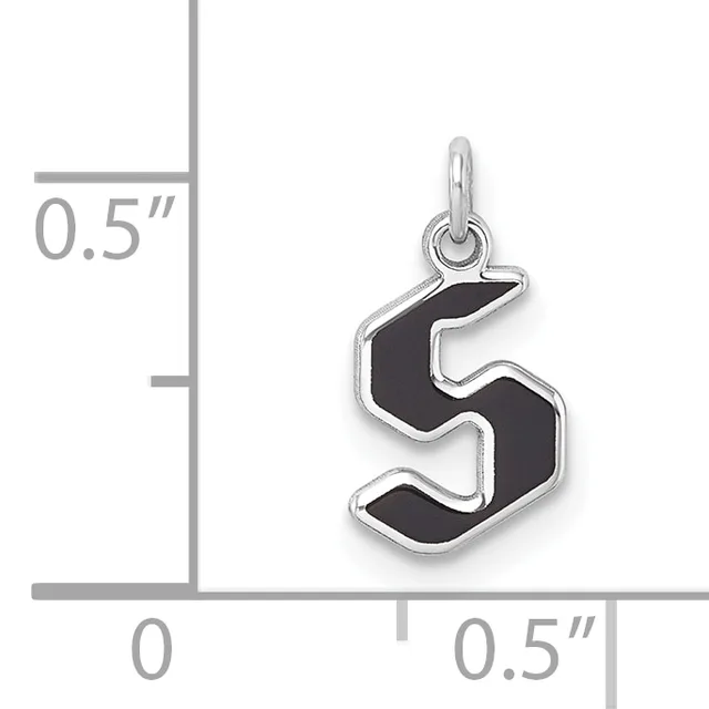 Silver pendant charm shaped like the number 5 with black enamel fill, shown against a measurement scale indicating approximately 0.5 inches in height and width.