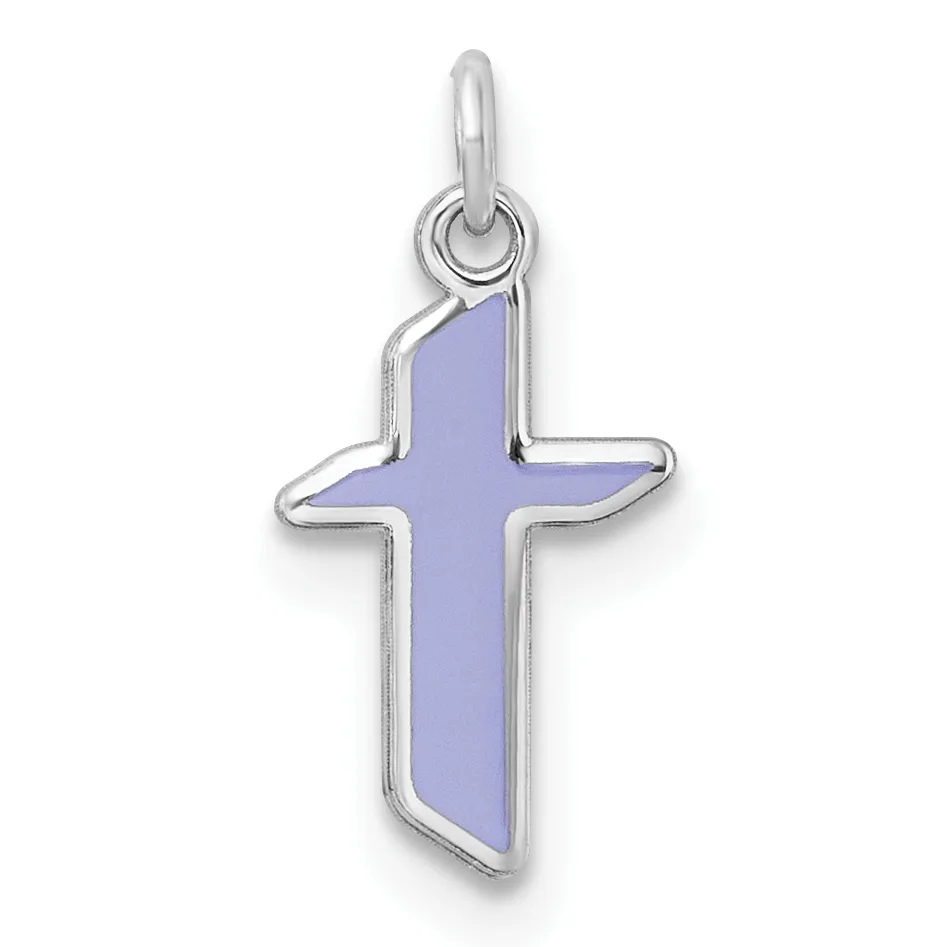 A silver cross pendant with a periwinkle blue enamel fill and a small loop at the top for hanging.