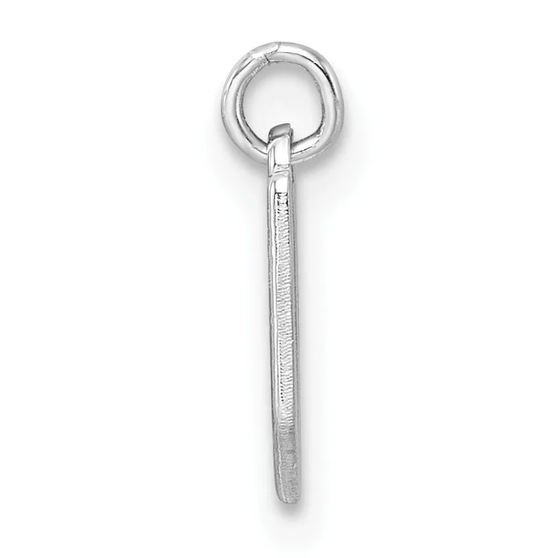 A silver elongated pendant with a textured surface hanging from a round silver ring against a white background.
