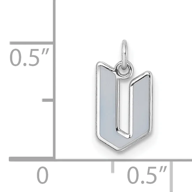 Silver rectangular pendant with rounded corners and a polished gray stone inlay, shown next to a ruler indicating approximately 0.5 inches in width and height.