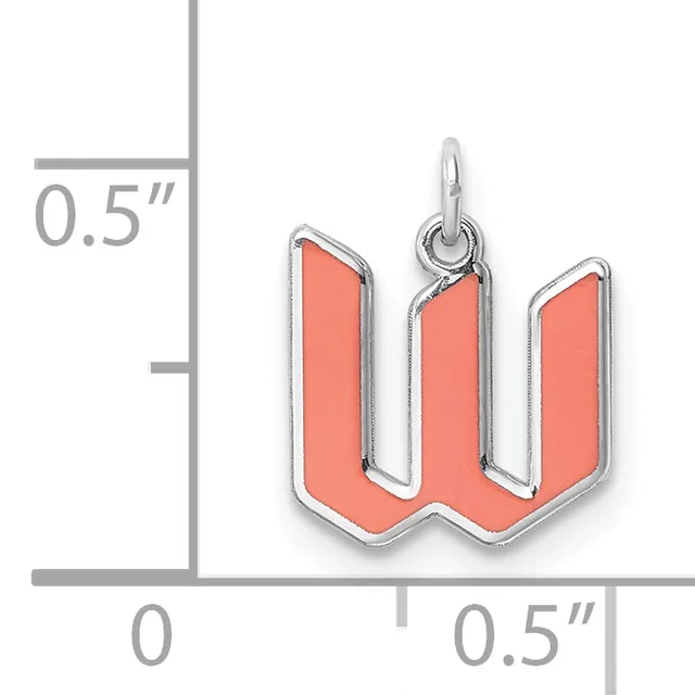 A coral-colored enamel pendant shaped like the letter W with silver-toned metal borders and loop, shown at actual size next to a measurement scale indicating approximately 0.5 inches in height and width.