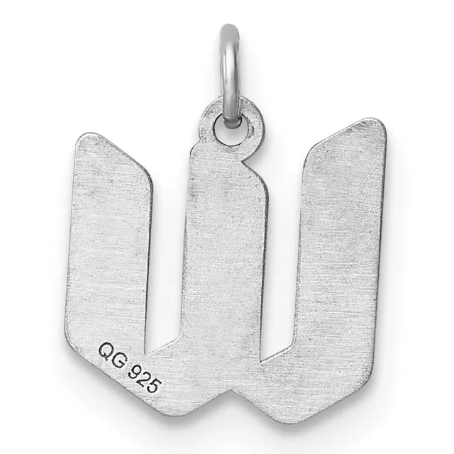 Silver pendant shaped like the letter W with a polished finish and a small stamped hallmark on the lower left, suspended from a silver bail loop.