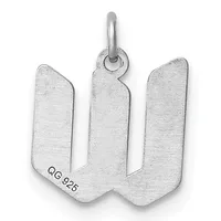 Silver pendant shaped like the letter W with a polished finish and a small stamped hallmark on the lower left, suspended from a silver bail loop.