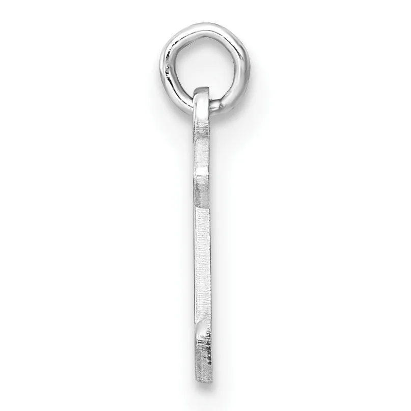 A silver rectangular bar pendant with a small stamped hallmark, suspended from a round silver jump ring, shown against a white background.