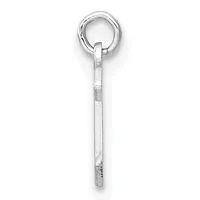 A silver rectangular bar pendant with a small stamped hallmark, suspended from a round silver jump ring, shown against a white background.